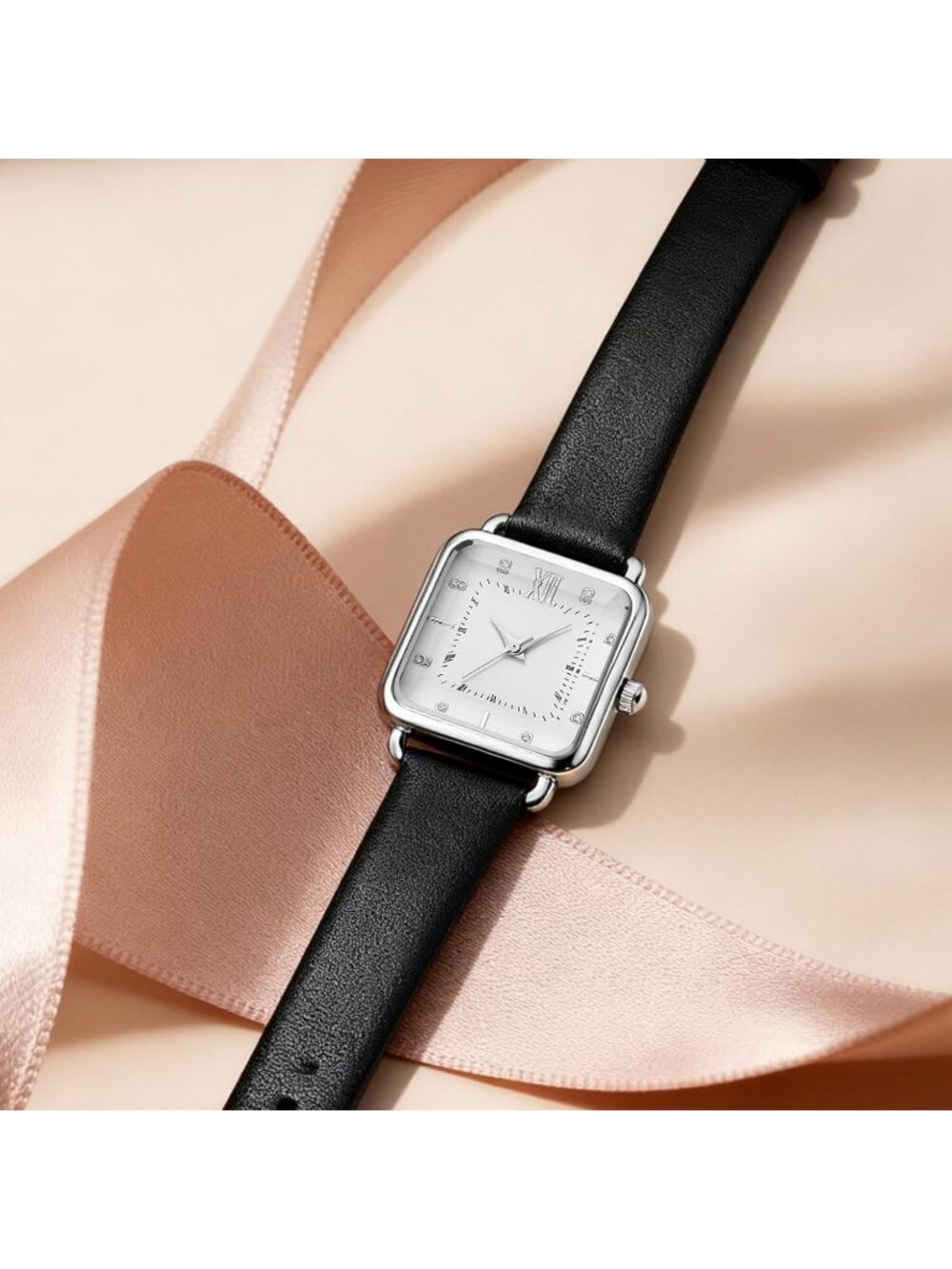 Women's White Square Dial Quartz Stainless Steel Case Leather Strap Wrist Watch - Picture 6 of 6